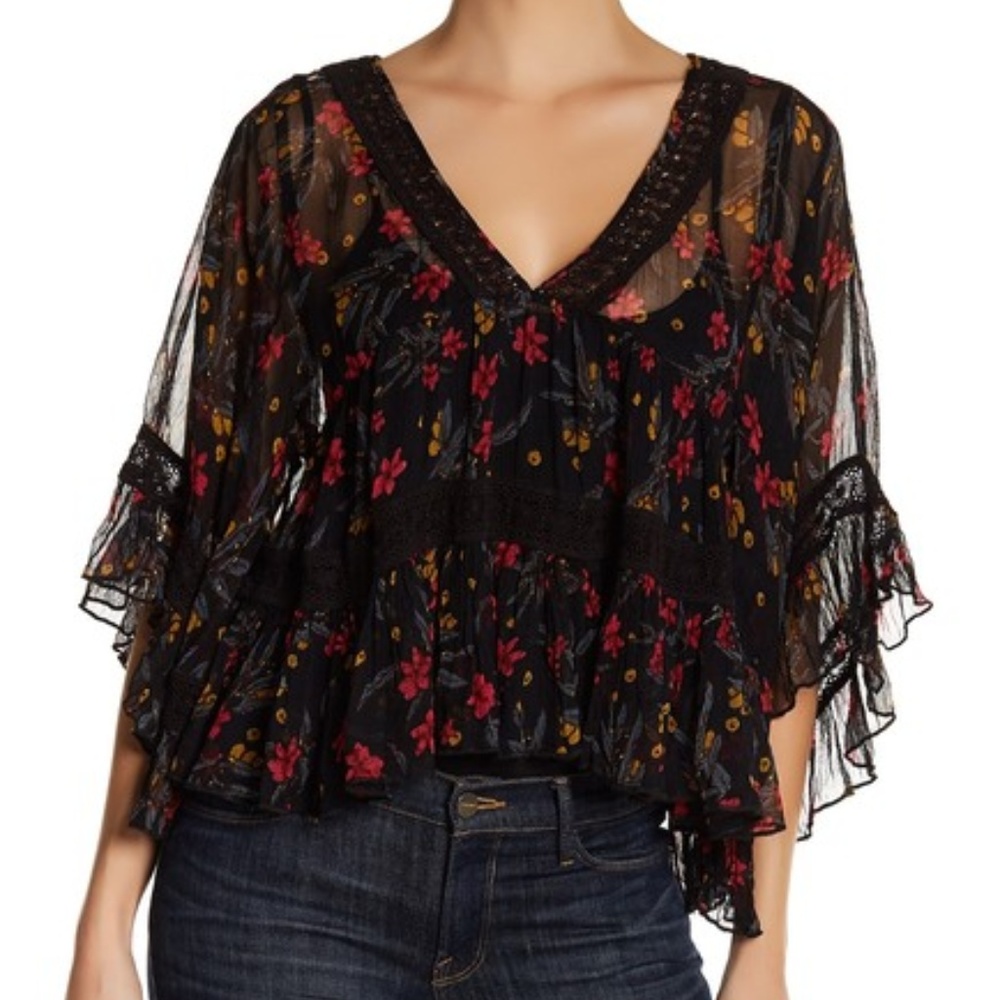 Free People Bell Sleeve Floral Crochet Lace Blouse